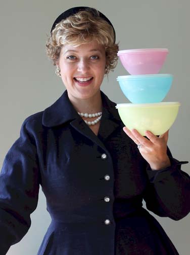 Brownie Wise Tupperware blue dress hat pearls burping bowls Leslie Goddard